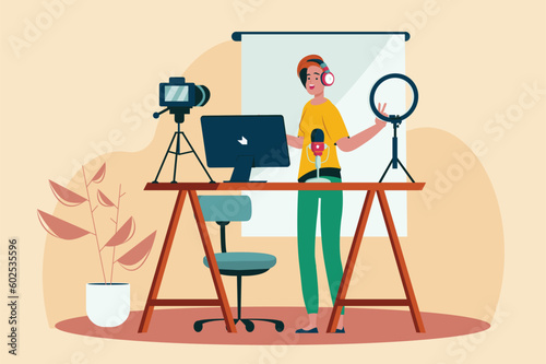 Blogger yellow concept with people scene in the flat cartoon style. The blogger adjusts all the gadgets to record a video for her followers. Vector illustration.