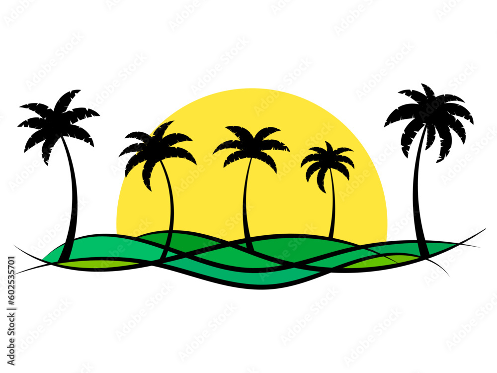 Tropical landscape with palm trees and sun isolated on white background. Green wavy landscape with black silhouettes of palm trees. Design for printing t-shirt and banner. Vector illustration