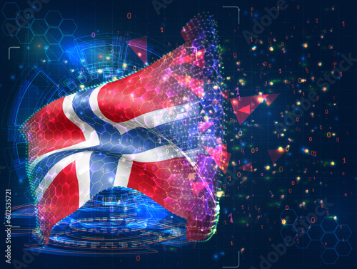 Norway,  vector flag, virtual abstract 3D object from triangular polygons on a blue background