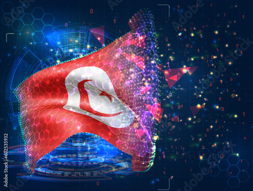 Tunisia,  vector flag, virtual abstract 3D object from triangular polygons on a blue background