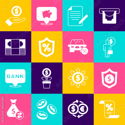 Set Finance document, Shield with dollar, Business man planning mind, Document and pen, Loan percent, Stacks paper money cash, Hand giving and Car leasing icon. Vector
