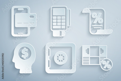 Set Safe, Finance document, Business man planning mind, Money percent, POS terminal with credit card and Mobile banking icon. Vector