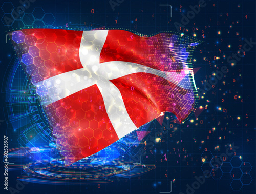 Denmark,  vector flag, virtual abstract 3D object from triangular polygons on a blue background