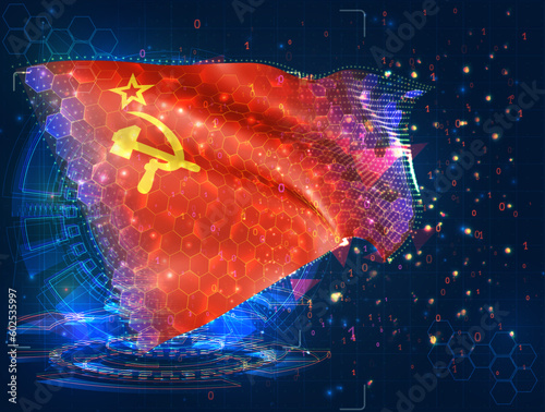 USSR,  vector flag, virtual abstract 3D object from triangular polygons on a blue background