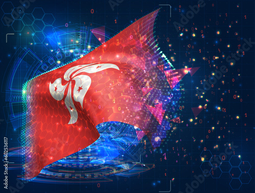 Hong Kong,  vector flag, virtual abstract 3D object from triangular polygons on a blue background