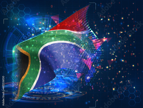 South Africa,  vector flag, virtual abstract 3D object from triangular polygons on a blue background
