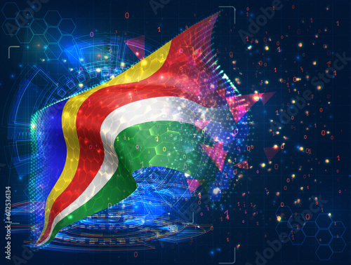Seychelles,  vector flag, virtual abstract 3D object from triangular polygons on a blue background