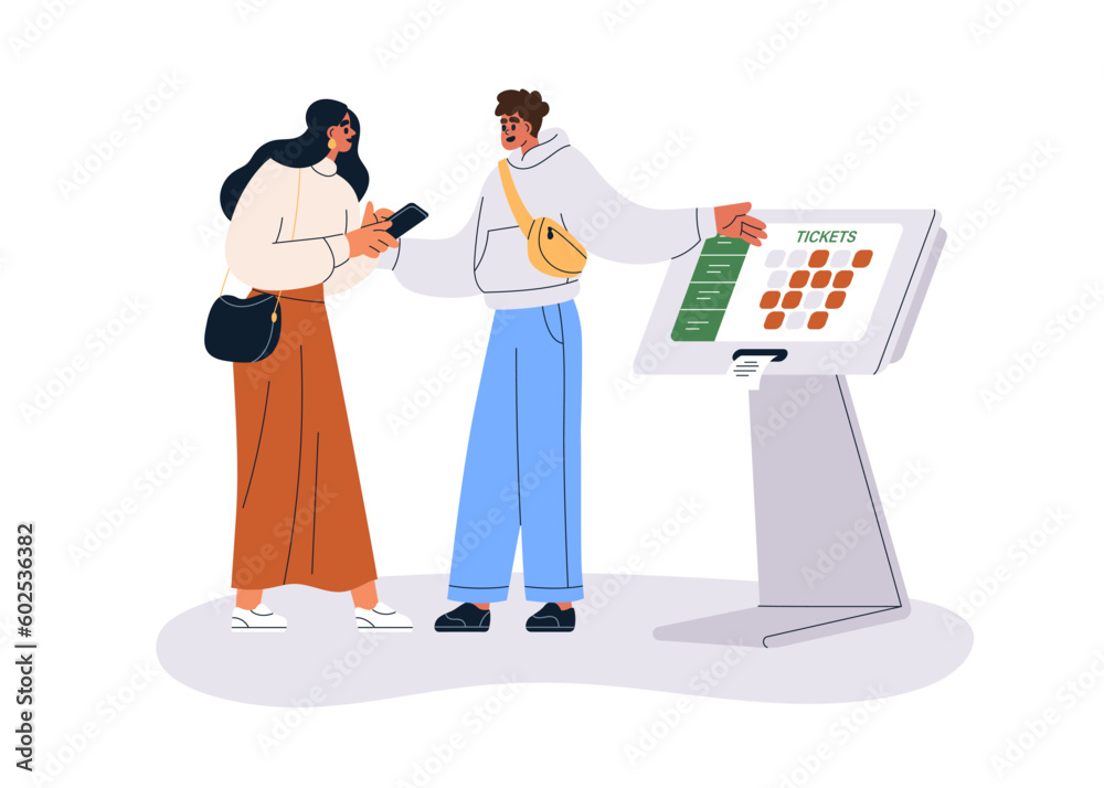 Buying movie ticket, choosing seat, place in cinema at self-service machine, electronic terminal stand with digital touch screen display. Flat graphic vector illustration isolated on white background