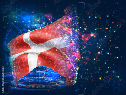 Denmark,  vector flag, virtual abstract 3D object from triangular polygons on a blue background