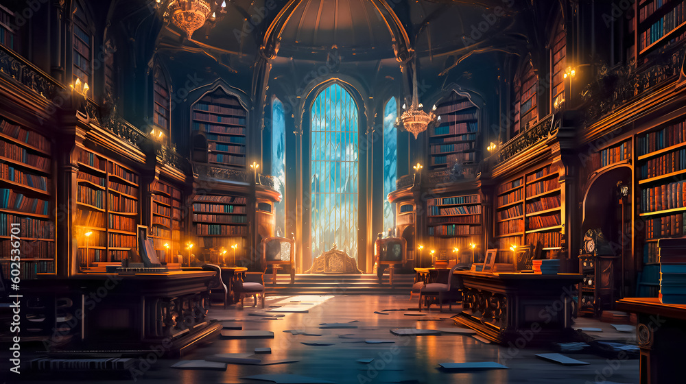 Magic old library background. AI generative