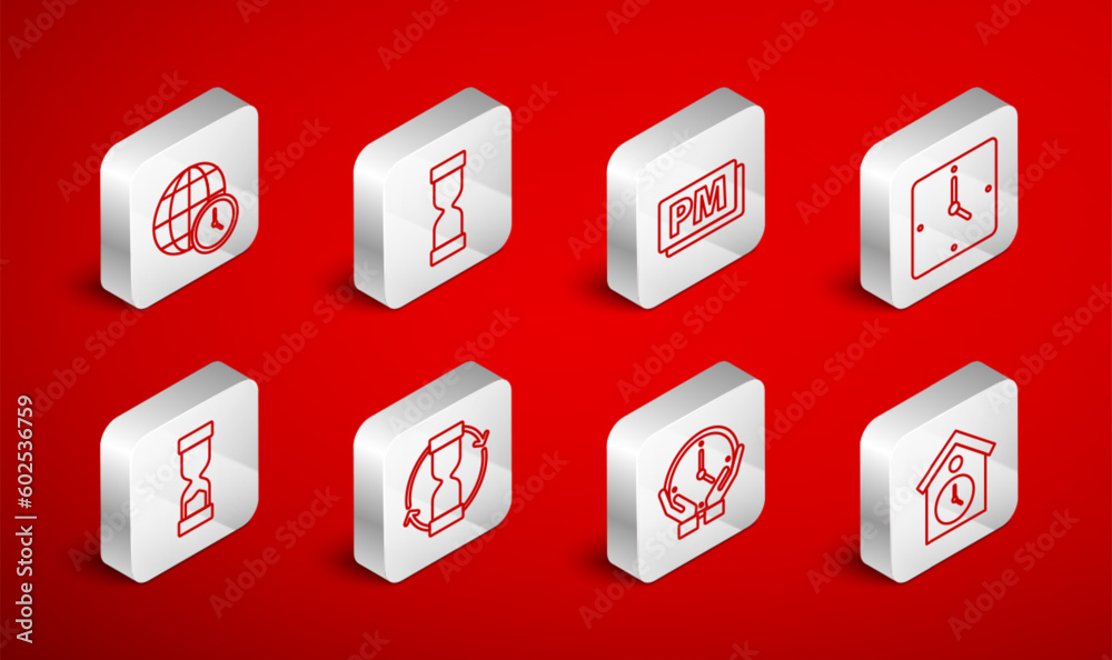 Set line Retro wall watch, Old hourglass, Clock PM, World time, and icon. Vector Set line Retro wall watch, Old hourglass, Clock PM, World time, and icon. Vector