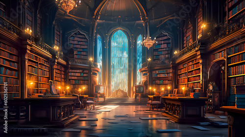 Magic old library background. AI generative