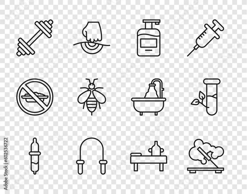 Set line Pipette, Scented spa stick, Bottle of liquid soap, Jump rope, Dumbbell, Bee, Massage table with oil and Laboratory glass and leaves icon. Vector