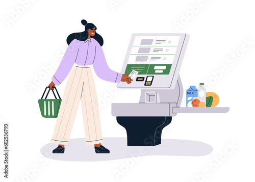 Self-service cashier, checkout terminal in grocery store. Customer buying, paying for goods at kiosk, machine with screen and scanner at shop. Flat vector illustration isolated on white background