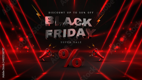 3d realistic black friday lettering with megaphone elements and red neon light ray effect on black background, holiday sale banner template, vector illustration.