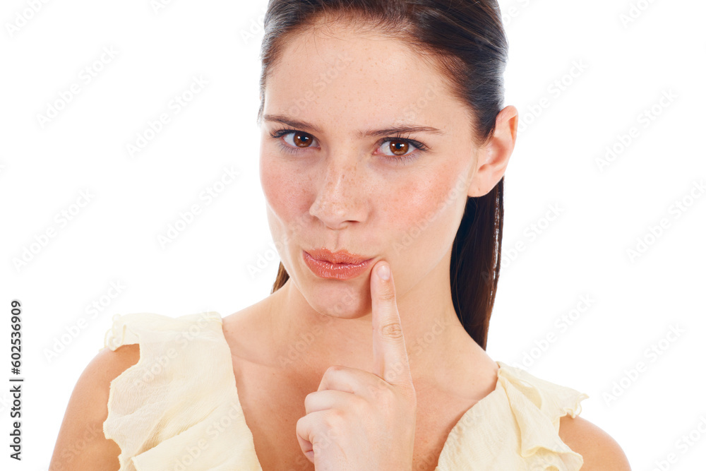 Thinking, face portrait and curious woman contemplating ideas, question or doubt for problem solving solution. Opinion, choice and studio person think of decision, plan or option on white background Thinking, face portrait and curious woman contemplating ideas, question or doubt for problem solving solution. Opinion, choice and studio person think of decision, plan or option on white background