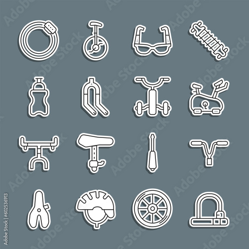 Set line Bicycle lock, handlebar, Stationary bicycle, Sport cycling sunglasses, fork, bottle with water, brake disc and kids icon. Vector