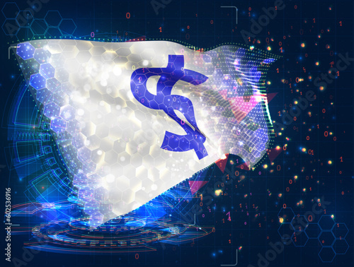 Dollar,  vector flag, virtual abstract 3D object from triangular polygons on a blue background