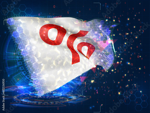 Discount,  vector flag, virtual abstract 3D object from triangular polygons on a blue background
