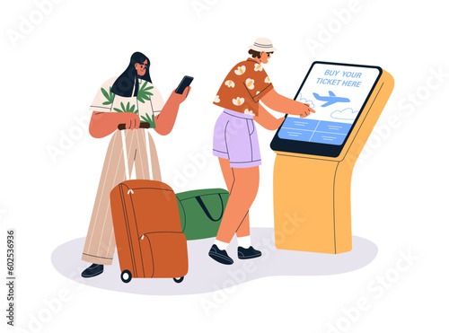 Buying air plane tickets at self-service kiosk at airport. Passengers, tourists at electronic digital screen for check-in machine. Flat graphic vector illustration isolated on white background