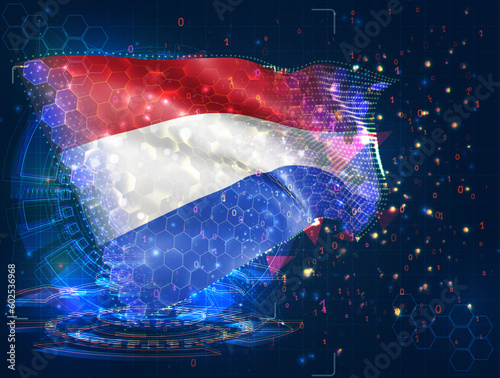 Netherlands,  vector flag, virtual abstract 3D object from triangular polygons on a blue background