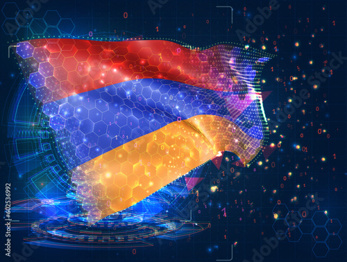 Armenia,  vector flag, virtual abstract 3D object from triangular polygons on a blue background