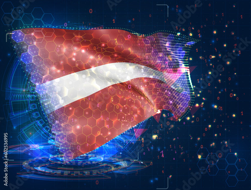Latvia,  vector flag, virtual abstract 3D object from triangular polygons on a blue background