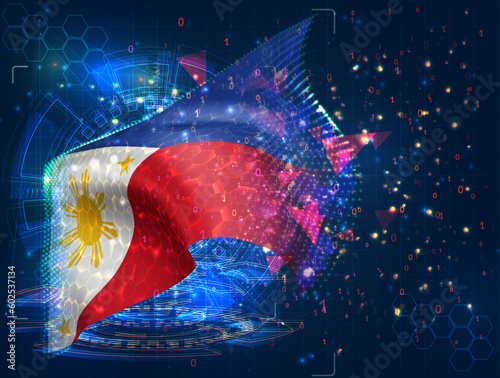 Philippines,  vector flag, virtual abstract 3D object from triangular polygons on a blue background