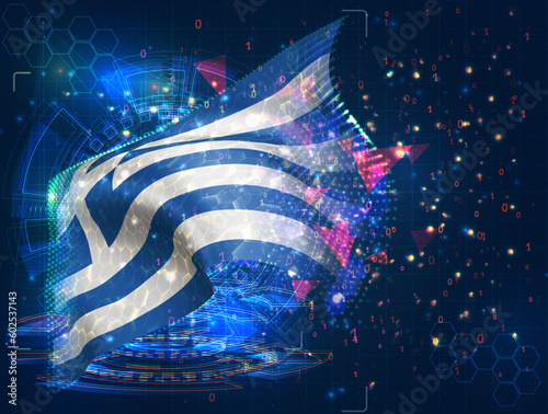 Greece,  vector flag, virtual abstract 3D object from triangular polygons on a blue background