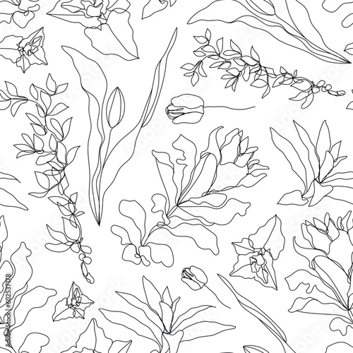 Vector flower linear seamless background, tupils and leaves. One, continuous line pattern, hand drawn style. Monoline doodle. photo