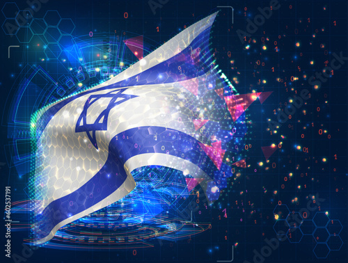 Israel,  vector flag, virtual abstract 3D object from triangular polygons on a blue background