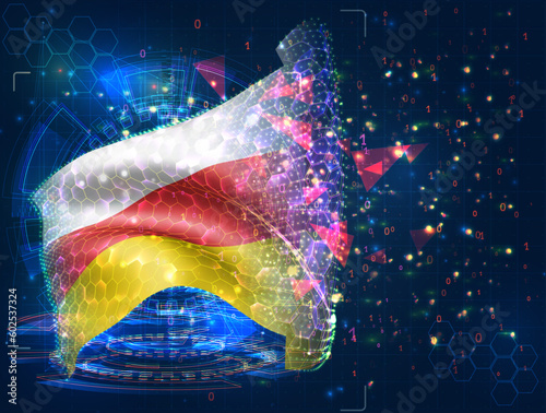 South Ossetia,  vector flag, virtual abstract 3D object from triangular polygons on a blue background
