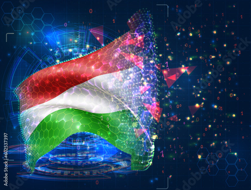Hungary,  vector flag, virtual abstract 3D object from triangular polygons on a blue background