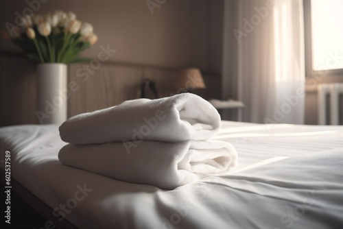 flower welcome bath spa window comfortable towel bed modern bedchamber. Generative AI. © VICHIZH
