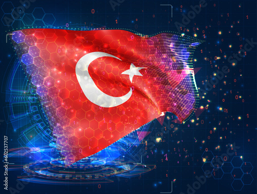 Turkey,  vector flag, virtual abstract 3D object from triangular polygons on a blue background