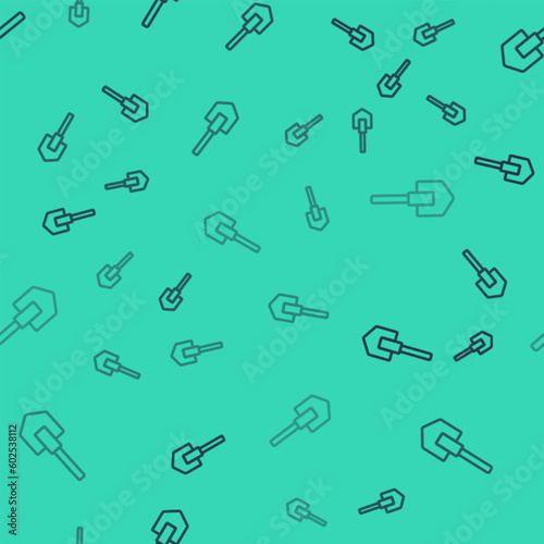 Black line Shovel icon isolated seamless pattern on green background. Gardening tool. Tool for horticulture, agriculture, farming. Vector