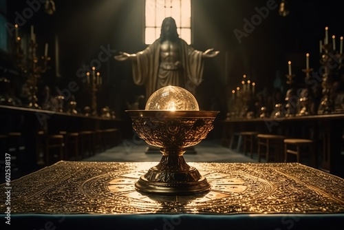 Eucharist Feast of Corpus Christi. Jesus Christ in the monstrance present in the Sacrament of the Eucharist. holy grail, bronze gold cup with christian and religious cross. Jesus Christ. Generative AI