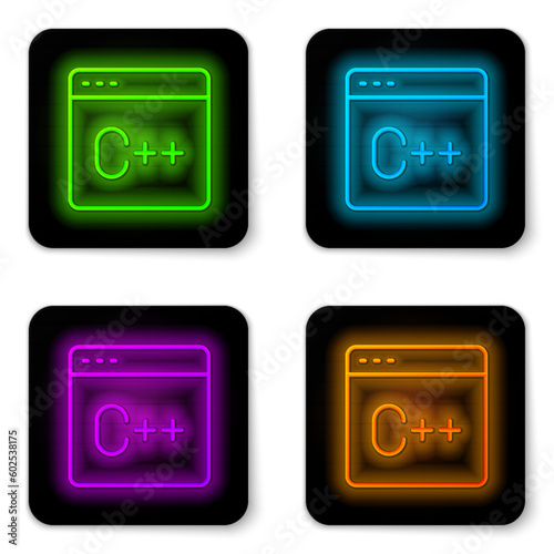 Glowing neon line Software, web developer programming code icon isolated on white background. Javascript computer script random parts of program code. Black square button. Vector