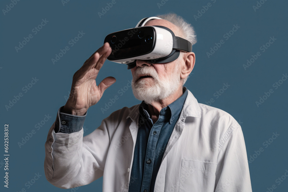 Old man using virtual reality headset. VR gadgets, , education online or game concept. Generative AI Old man using virtual reality headset. VR gadgets, , education online or game concept. Generative AI