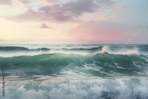 Sea waves on the beach in the morning. Beautiful seascape in pastel colors. Generative AI © barmaleeva