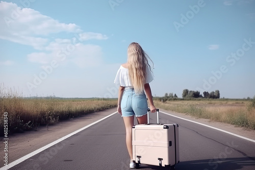 Beautiful millennial woman in casual wear hitchhiking on roadside. Adventure and tourism concept. Generative AI © barmaleeva