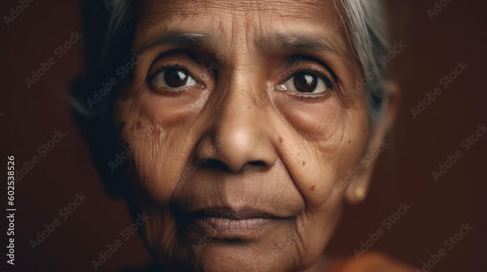 A closeup of an Indian senior woman, her face a canvas of deep emotions. Generative AI A closeup of an Indian senior woman, her face a canvas of deep emotions. Generative AI