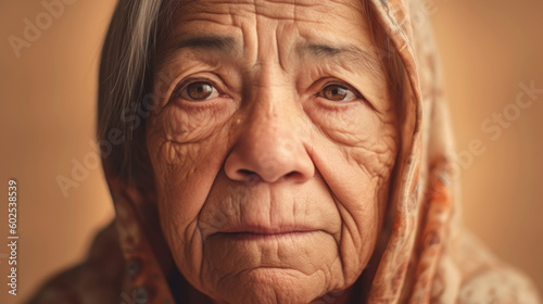 A closeup reveals a senior woman's poignant sorrow. Generative AI
