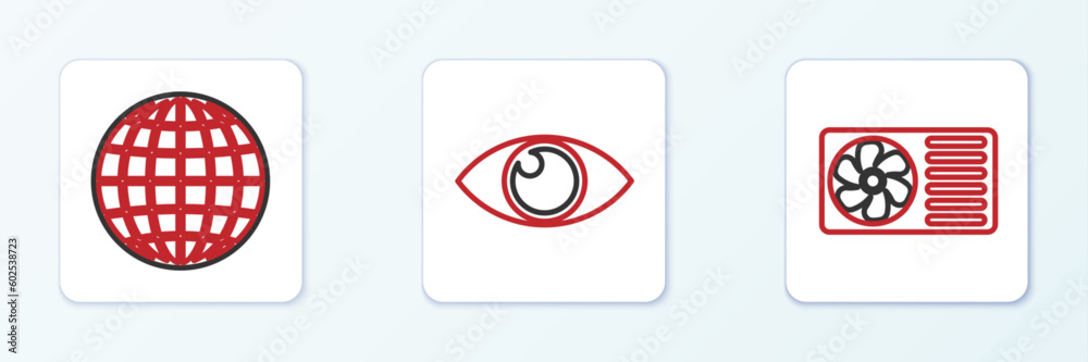 Set line Eye, Earth globe and UV protection icon. Vector Set line Eye, Earth globe and UV protection icon. Vector