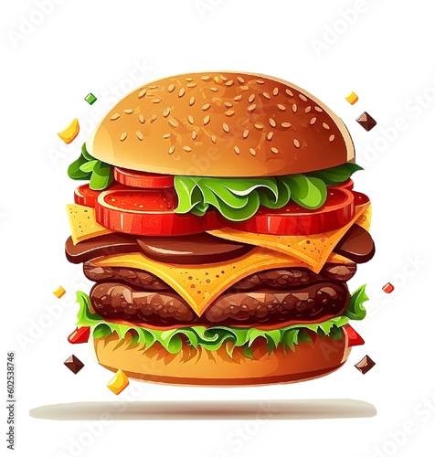 illustration with appetizing cheeseburger isolated on white background