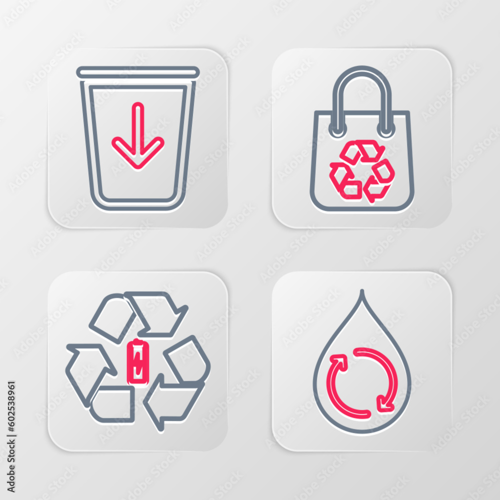 Set line Recycle clean aqua, Battery with recycle, Shopping bag and Send to the trash icon. Vector Set line Recycle clean aqua, Battery with recycle, Shopping bag and Send to the trash icon. Vector