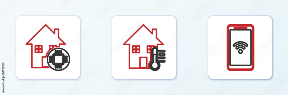 Set line Mobile with heart rate, Smart home and House temperature icon. Vector Set line Mobile with heart rate, Smart home and House temperature icon. Vector
