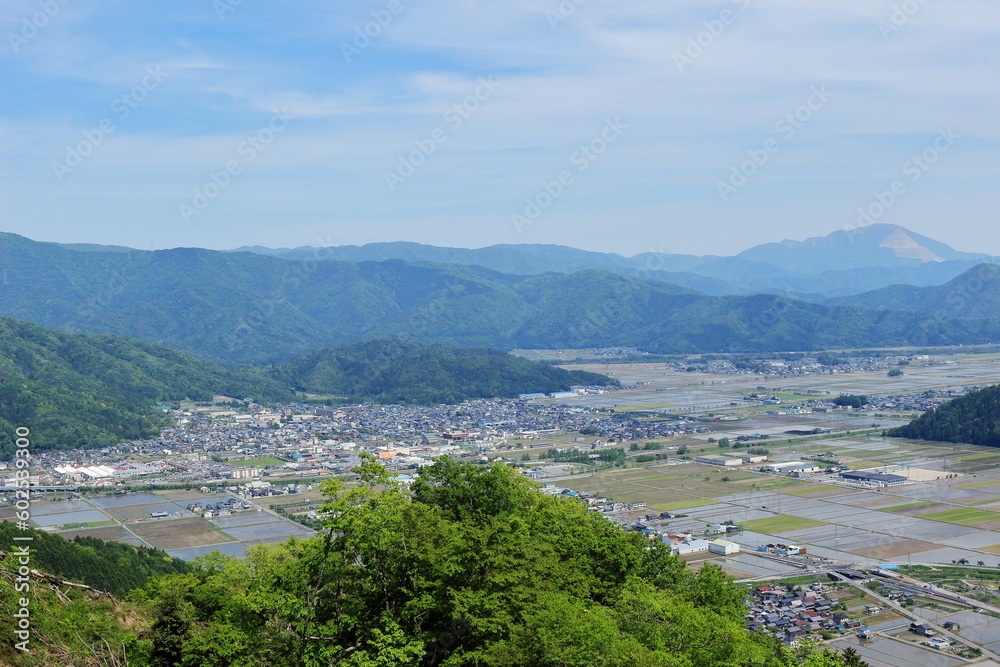 賤ケ岳から見下ろす木之本駅周辺の風景