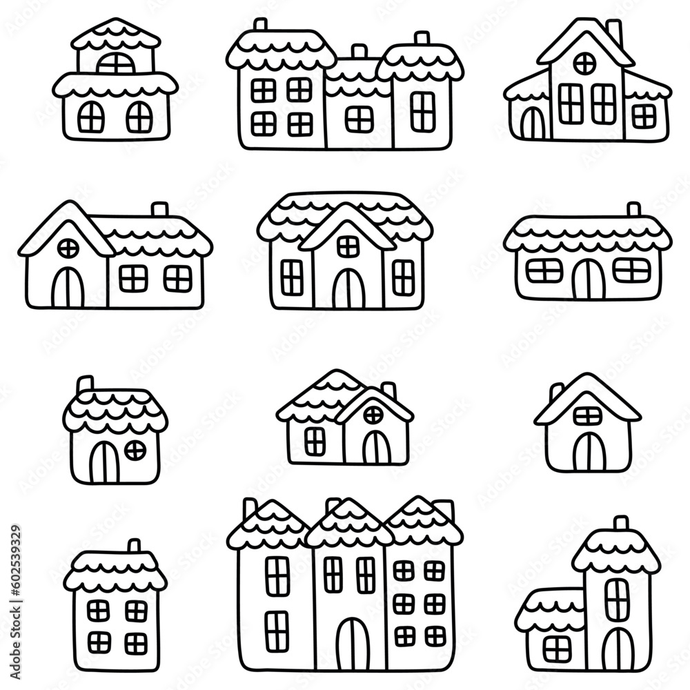 A collection of simple and cute linear houses. Doodle art illustration. Set of flat elements for the design of children's goods and clothes. Kawaii cottages, manors and townhouses in children's style.