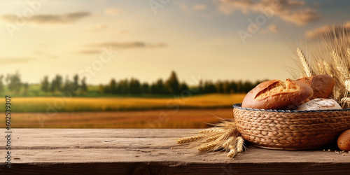 Various bread in the basket on wooden table, wheat field on background, Generative AI